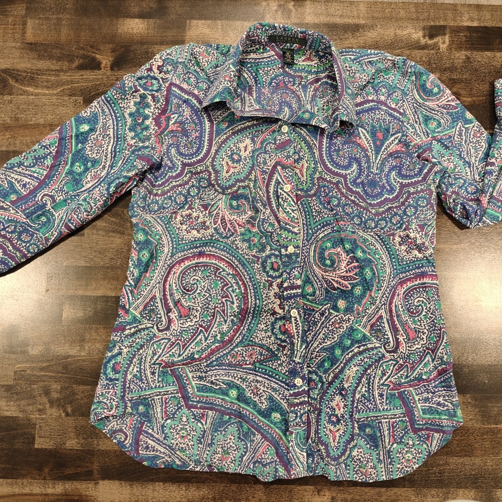 Lauren Ralph Lauren Paisley Top Size Medium. Blue Purple Green - Picture 2 of 8